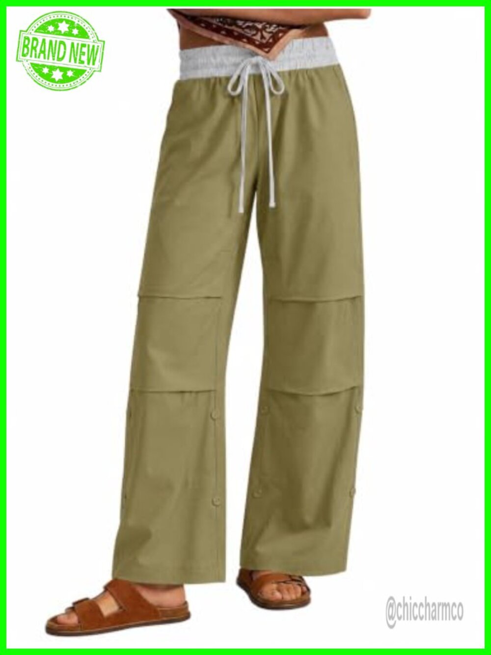 Womens Wide Leg Cargo Pants High Waisted Drawstring Casual Trousers